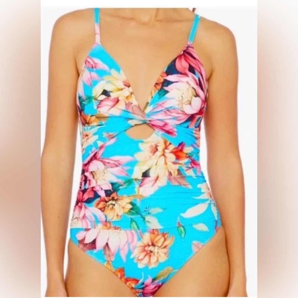 NWT La Blanca Tropical Floral One Piece - Blue and Pink Size 10 - Picture 3 of 4
